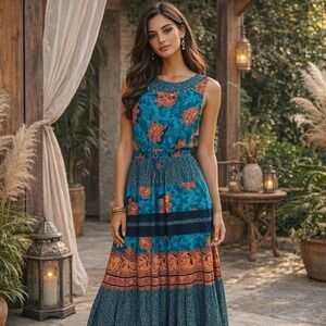 VTG Maxi Dress Womens Size 6 Teal Orange Floral Beaded Boho Festival USA Made